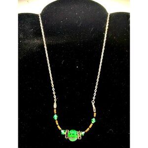 Handcrafted Silver Necklace Green Crystal  Gold Black Bead Chain 20 Inch